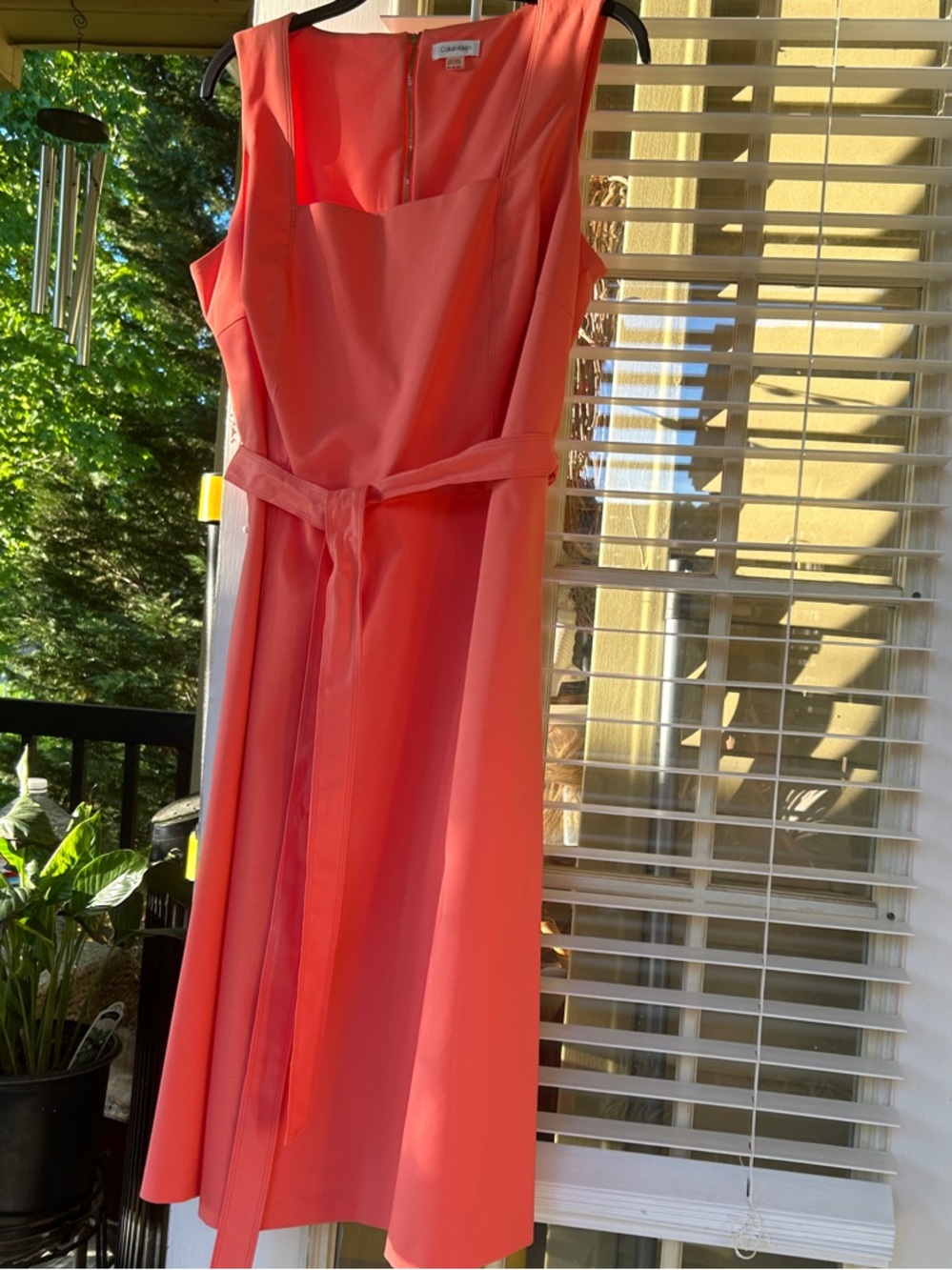 Calvin Klein Coral-Pink Sleeveless Midi Dress with Waist Tie